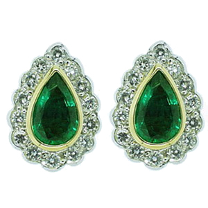 Pear Shape Emerald and Diamond Earrings. 18ct Gold.